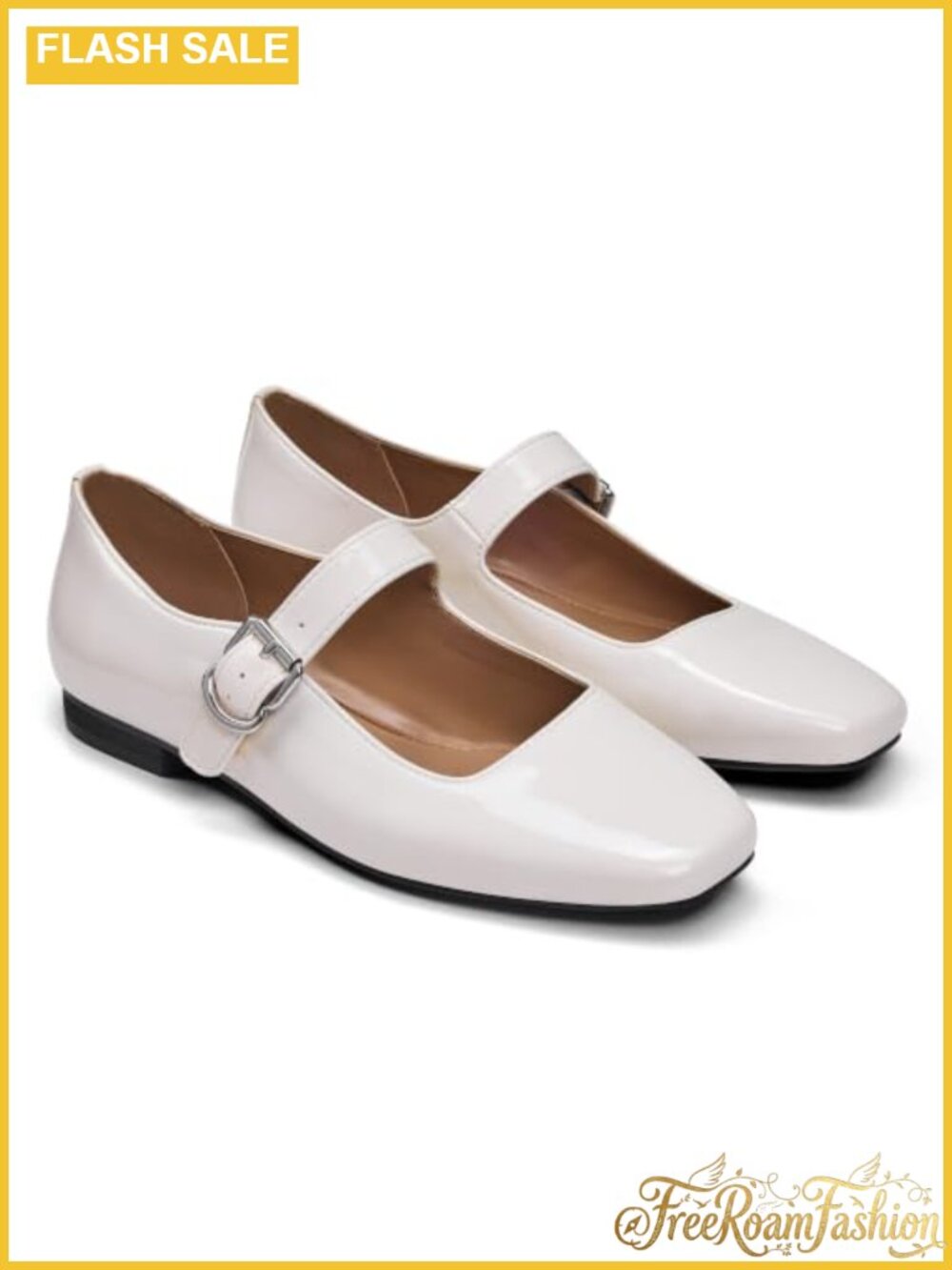 Mary Jane Ballet Flats Square Toe Low Heel Buckle Strap Faux Leather